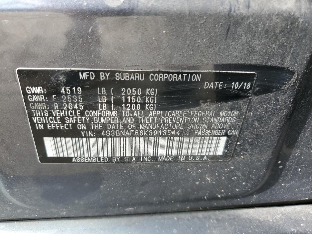2019 Subaru Legacy 2.5I Premium VIN: 4S3BNAF68K3013544 Lot: 64623775