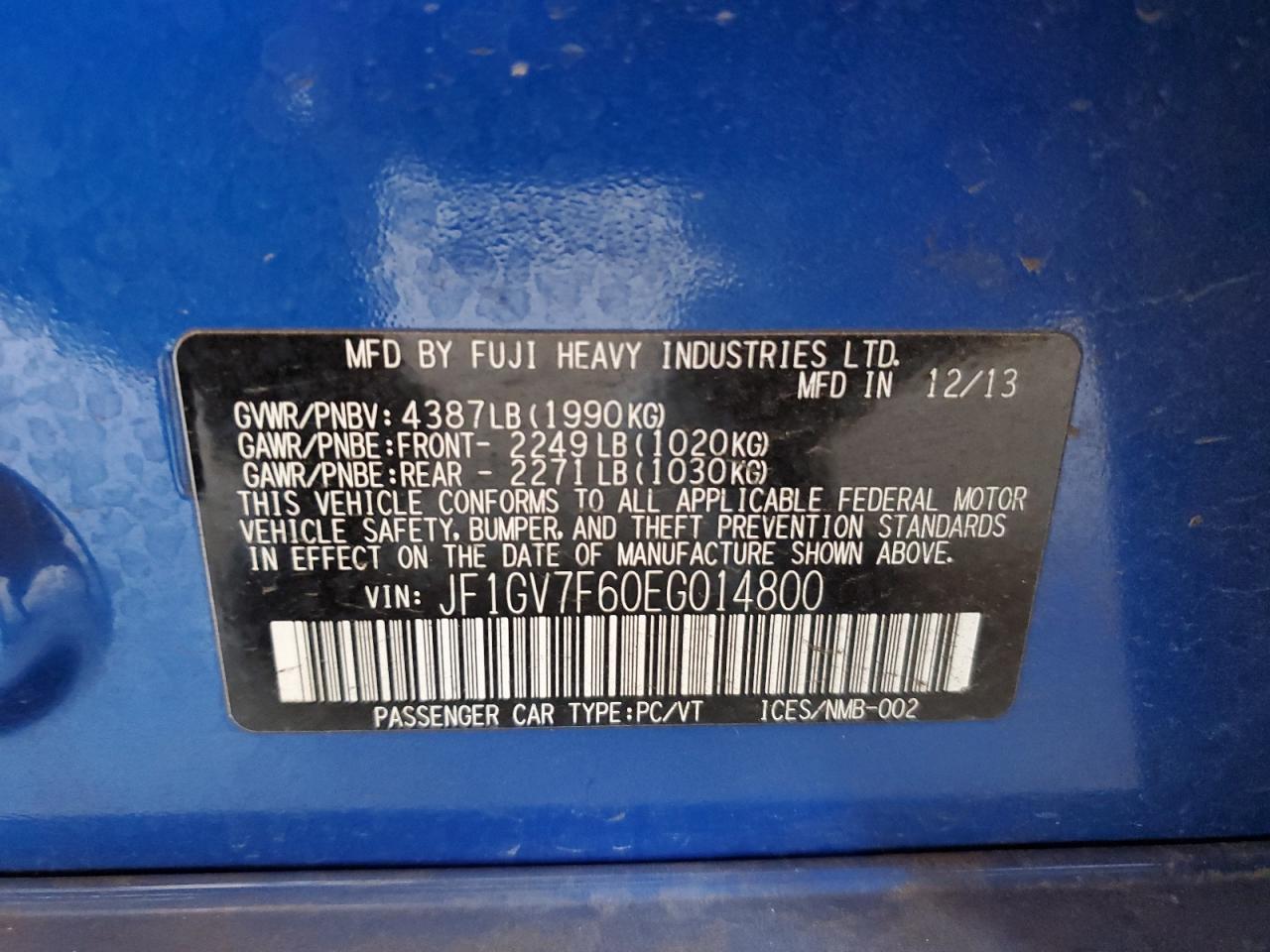 2014 Subaru Impreza Wrx VIN: JF1GV7F60EG014800 Lot: 64859665