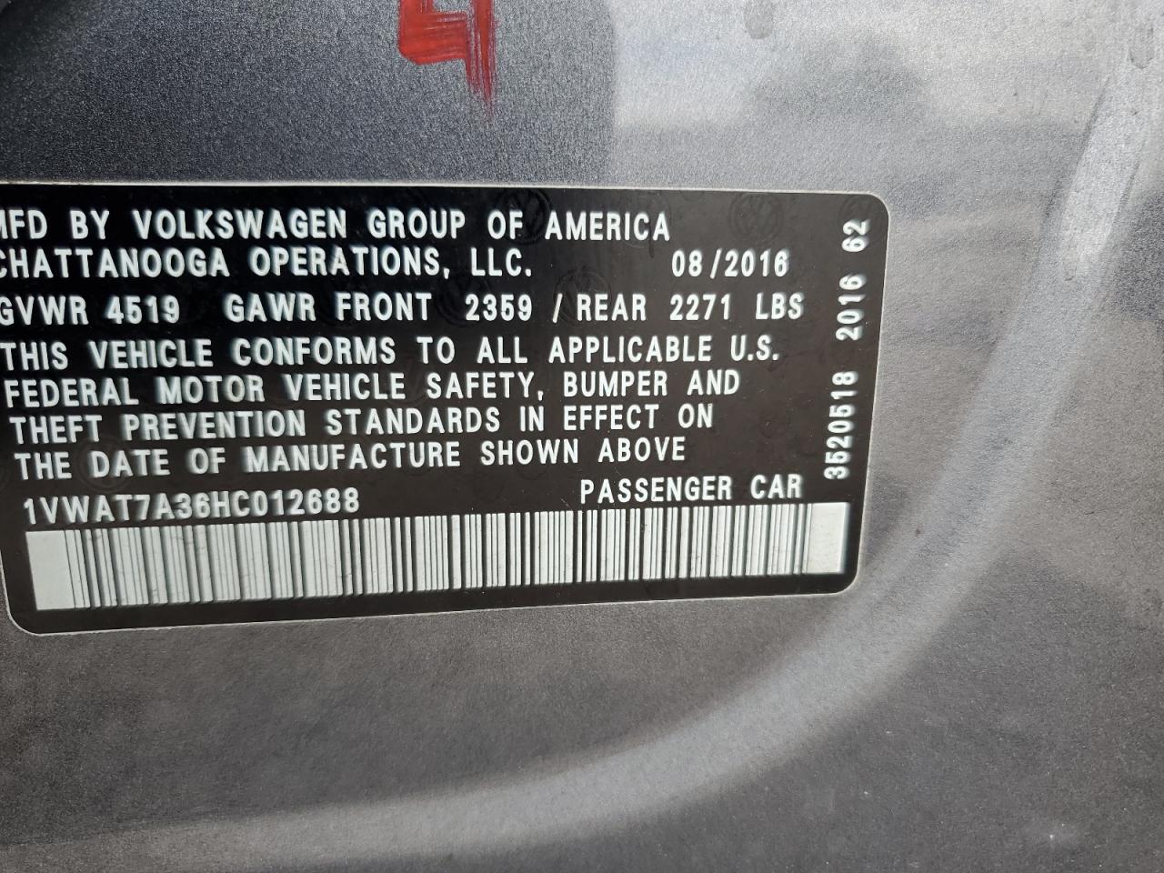 2017 Volkswagen Passat S VIN: 1VWAT7A36HC012688 Lot: 63086615