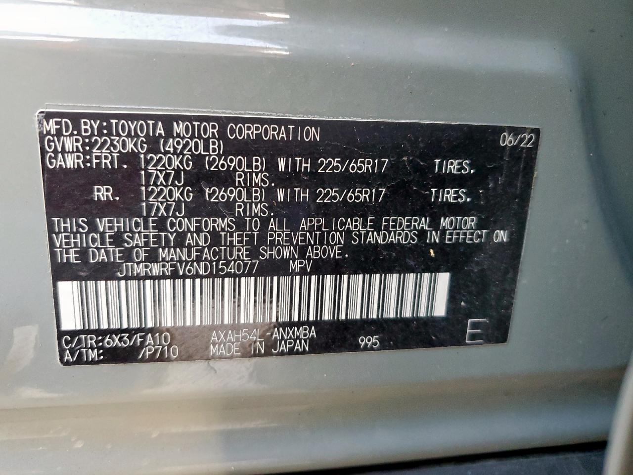 2022 Toyota Rav4 Xle VIN: JTMRWRFV6ND154077 Lot: 66912265