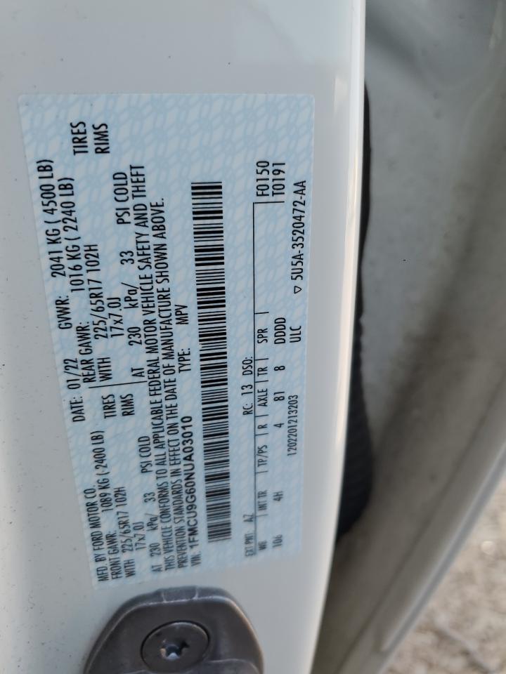 2022 Ford Escape Se VIN: 1FMCU9G60NUA03010 Lot: 63774505
