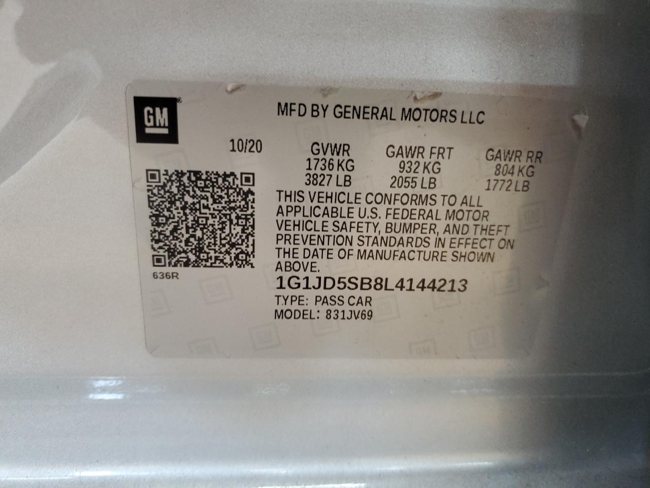 2020 Chevrolet Sonic Lt VIN: 1G1JD5SB8L4144213 Lot: 61530605