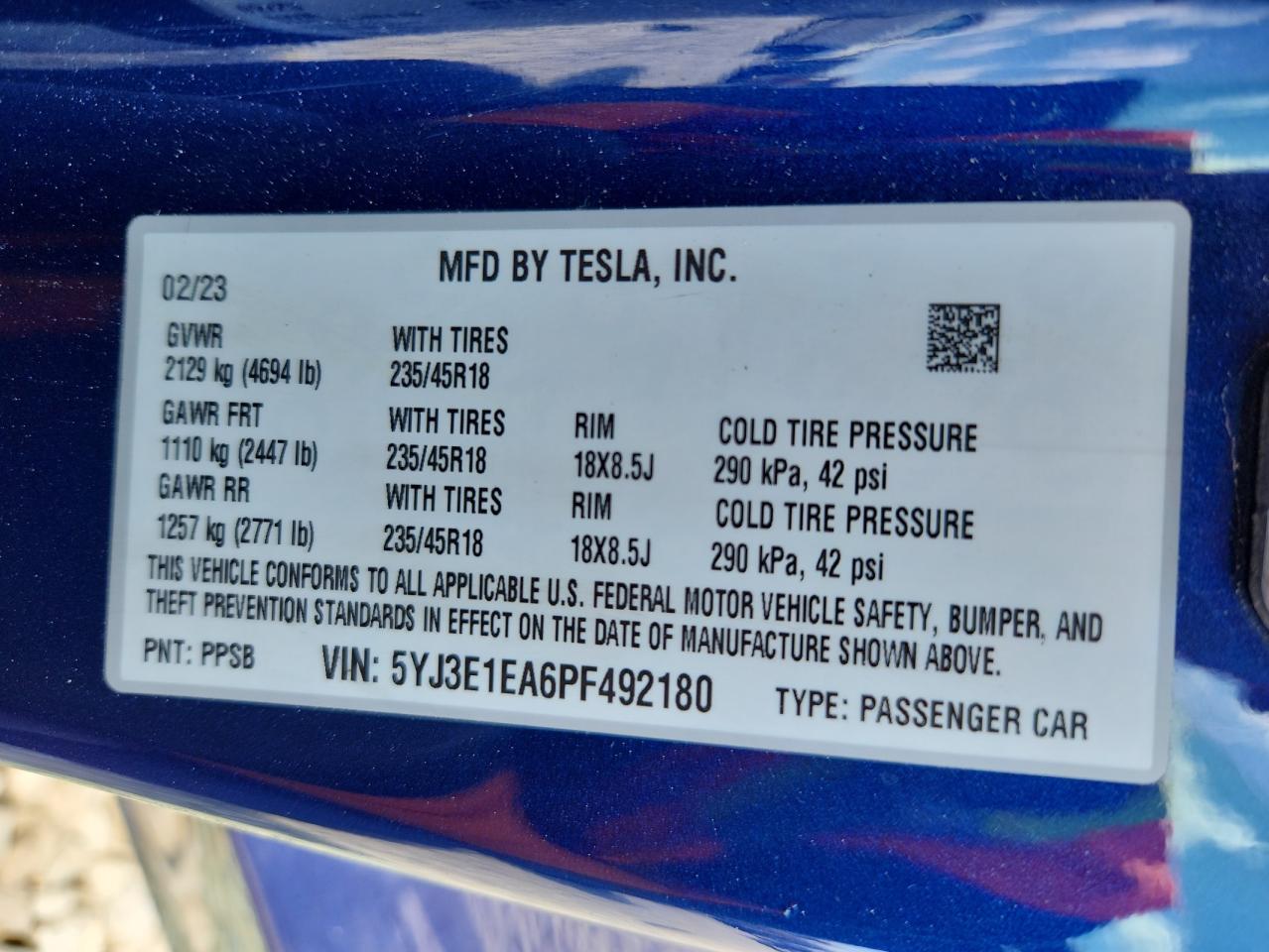2023 Tesla Model 3 VIN: 5YJ3E1EA6PF492180 Lot: 64380775