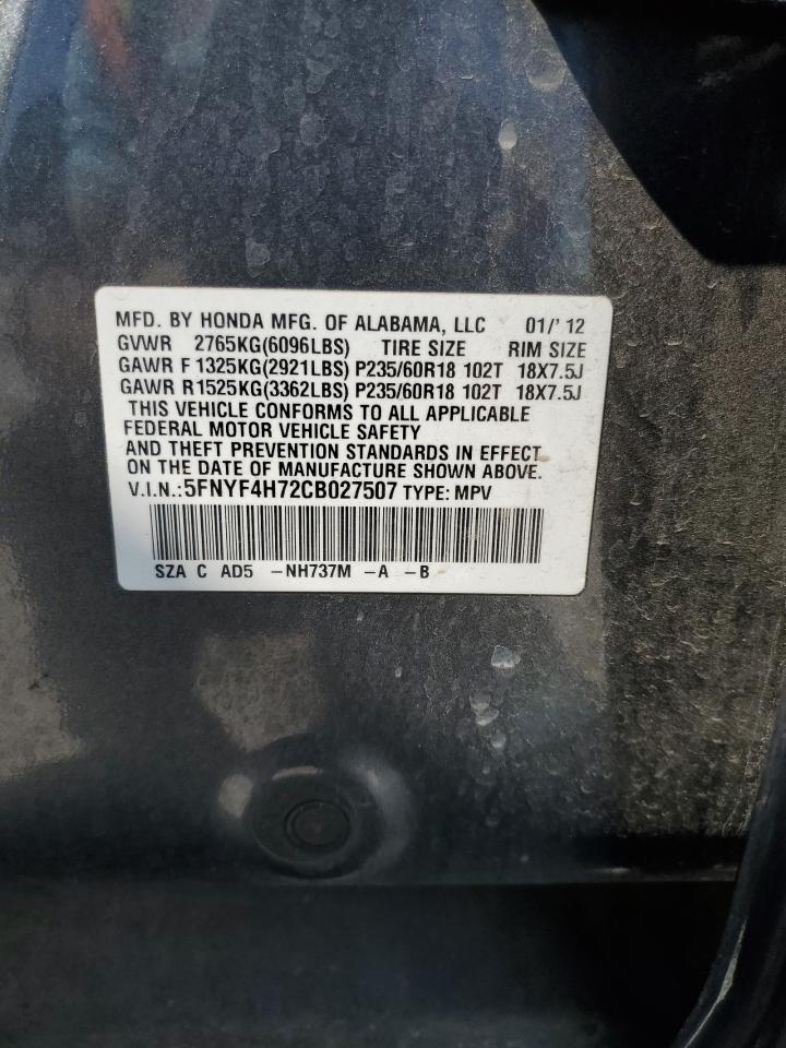 2012 Honda Pilot Exln VIN: 5FNYF4H72CB027507 Lot: 64825885