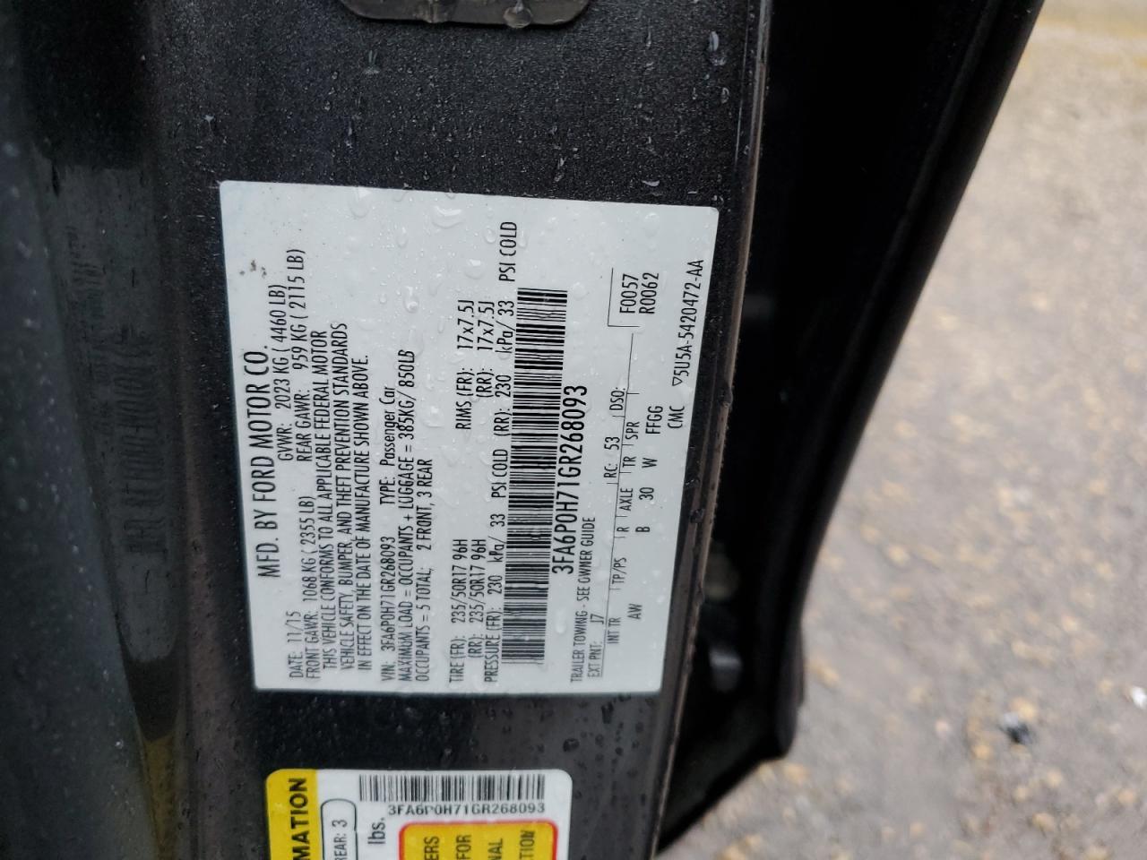 2016 Ford Fusion Se VIN: 3FA6P0H71GR268093 Lot: 65207095