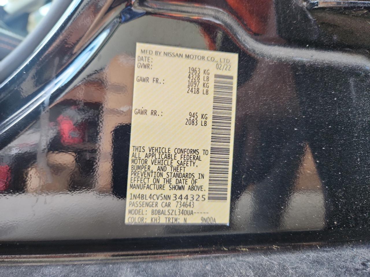 2022 Nissan Altima Sr VIN: 1N4BL4CV5NN344325 Lot: 63853275