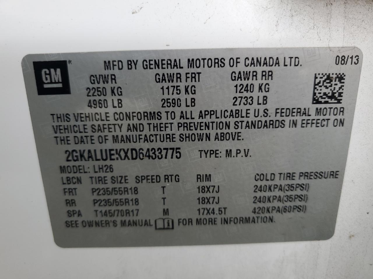 2013 GMC Terrain Slt VIN: 2GKALUEKXD6433775 Lot: 65624935