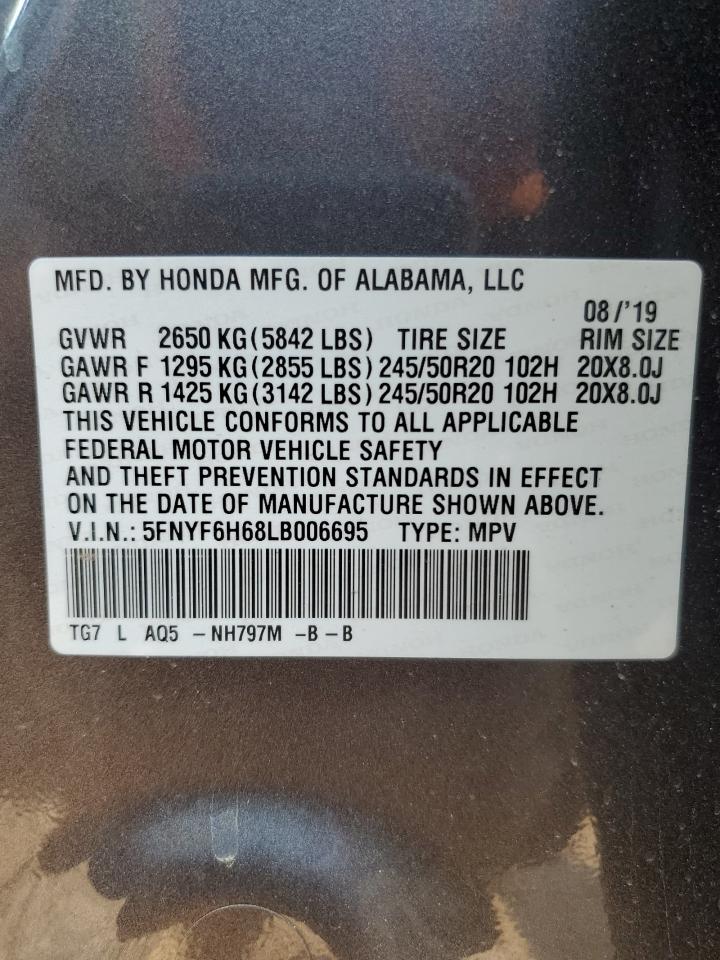 2020 Honda Pilot Touring VIN: 5FNYF6H68LB006695 Lot: 64236865