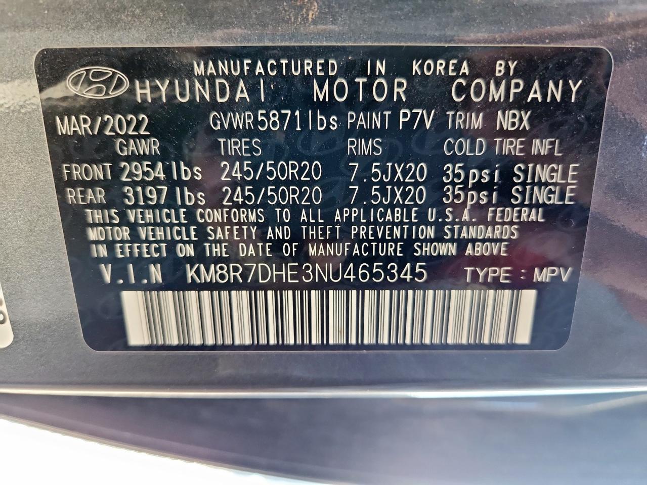 2022 Hyundai Palisade Calligraphy VIN: KM8R7DHE3NU465345 Lot: 62611265