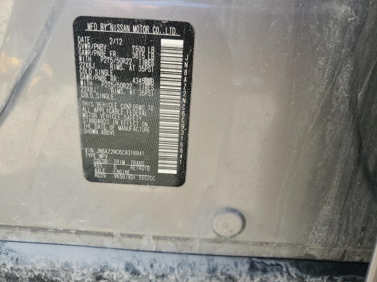 2012 Infiniti Qx56 VIN: JN8AZ2NC6C9316841 Lot: 63465945