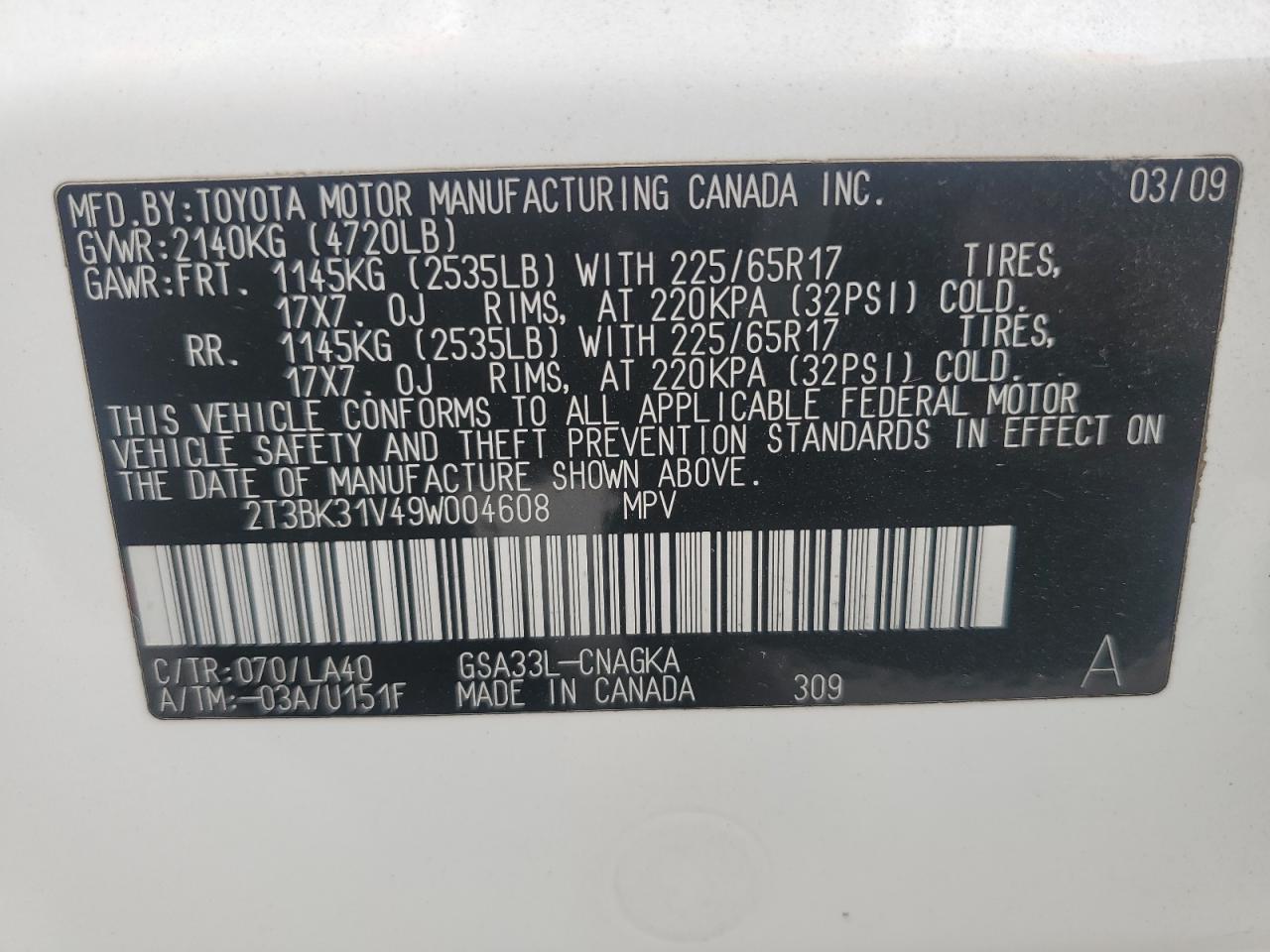 2009 Toyota Rav4 Limited VIN: 2T3BK31V49W004608 Lot: 65379215
