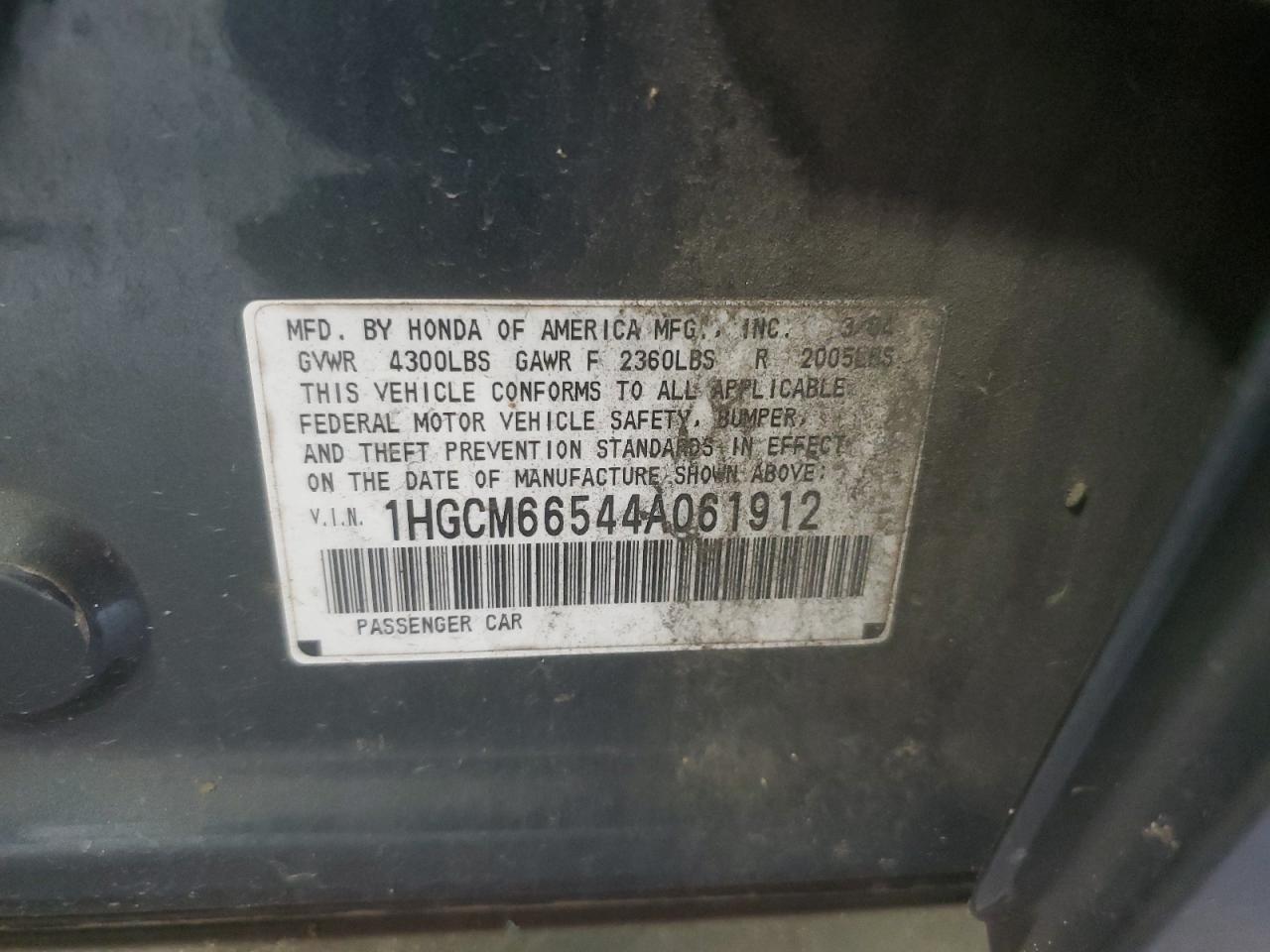 2004 Honda Accord Ex VIN: 1HGCM66544A061912 Lot: 64005635