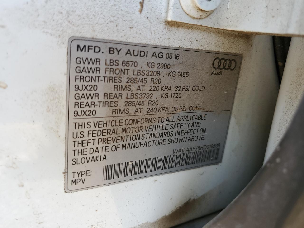 2017 Audi Q7 Premium Plus VIN: WA1LAAF75HD016598 Lot: 63378325