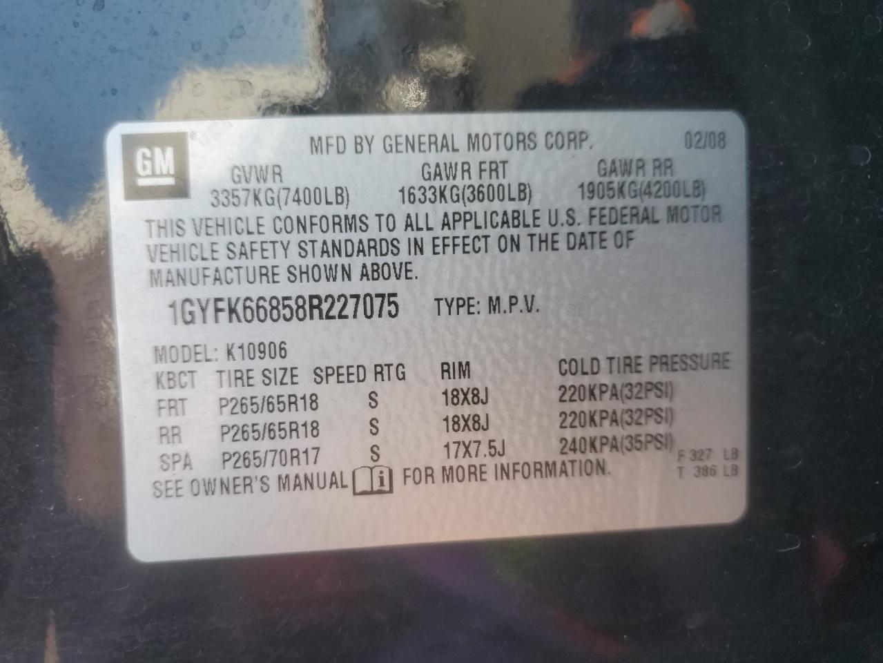 2008 Cadillac Escalade Esv VIN: 1GYFK66858R227075 Lot: 64331445