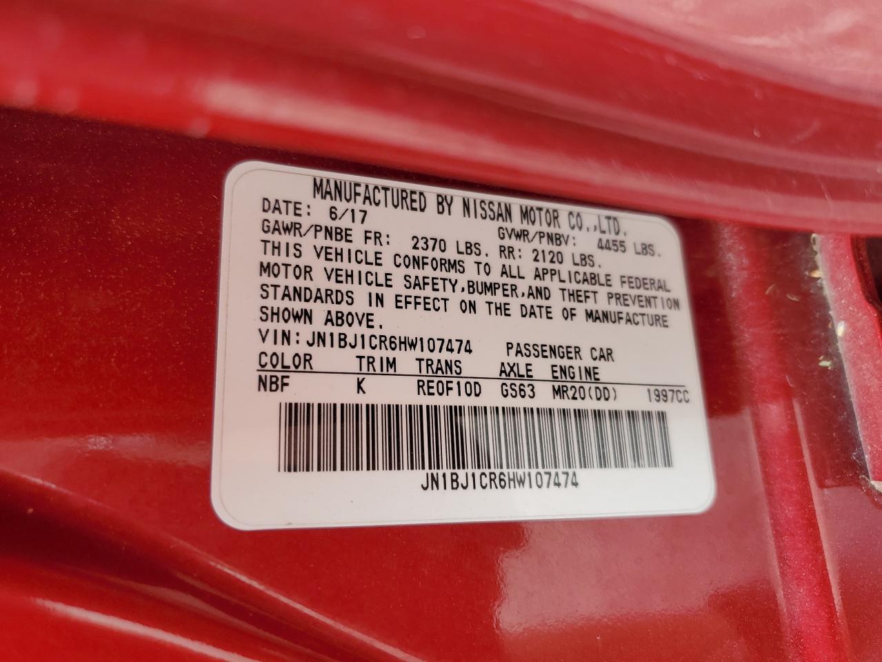 2017 Nissan Rogue Sport S VIN: JN1BJ1CR6HW107474 Lot: 64461305
