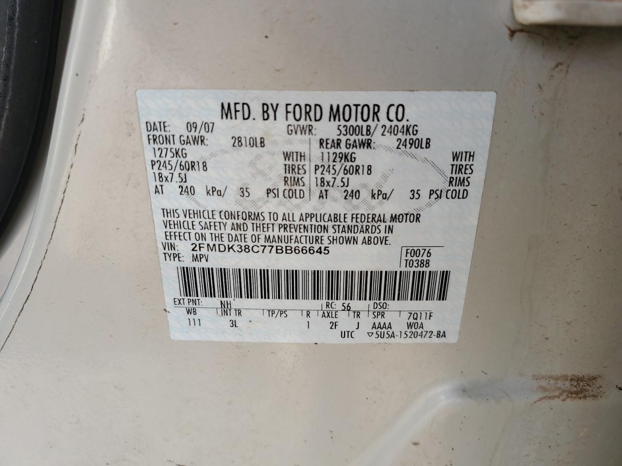 2007 Ford Edge Sel VIN: 2FMDK38C77BB66645 Lot: 64506985