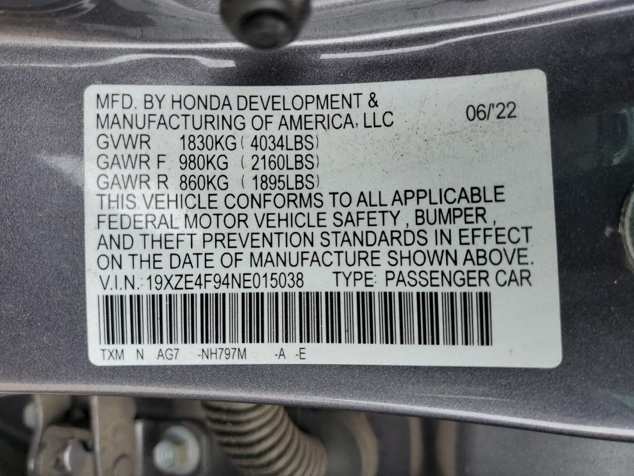2022 Honda Insight Touring VIN: 19XZE4F94NE015038 Lot: 65065375