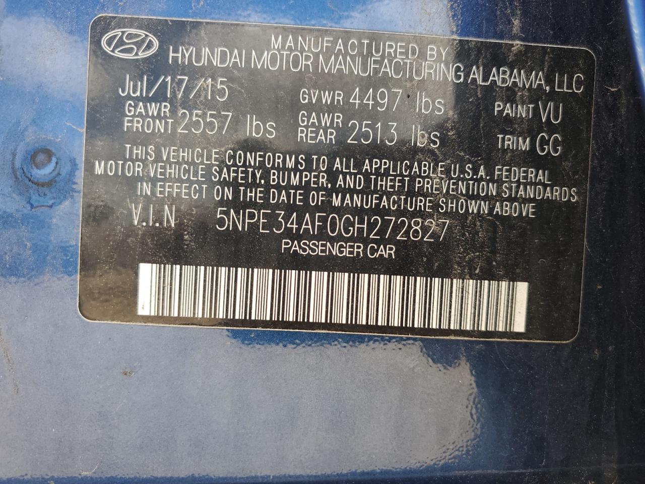 2016 Hyundai Sonata Sport VIN: 5NPE34AF0GH272827 Lot: 65346035