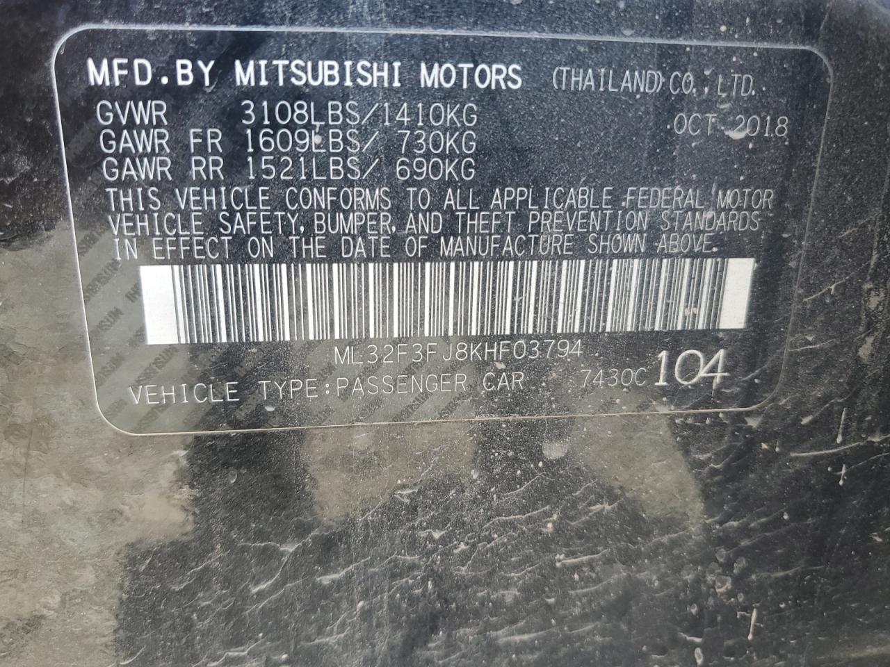 2019 Mitsubishi Mirage G4 Es VIN: ML32F3FJ8KHF03794 Lot: 66095165