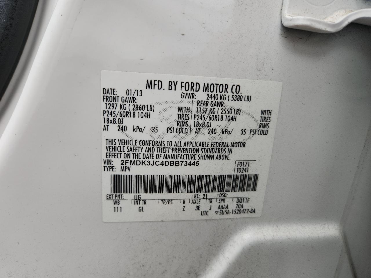 2013 Ford Edge Sel VIN: 2FMDK3JC4DBB73445 Lot: 63635915