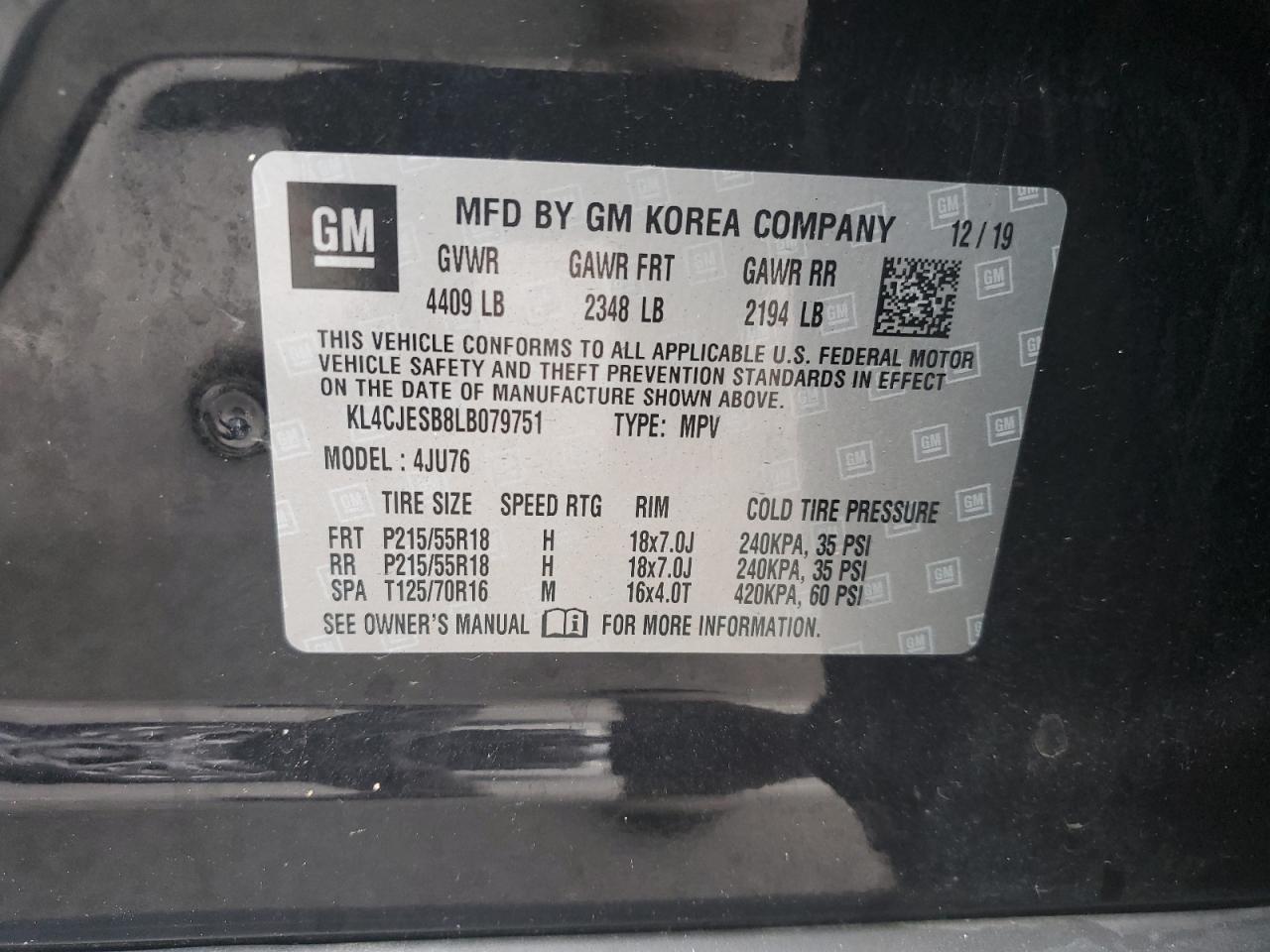 2020 Buick Encore Preferred VIN: KL4CJESB8LB079751 Lot: 64254405