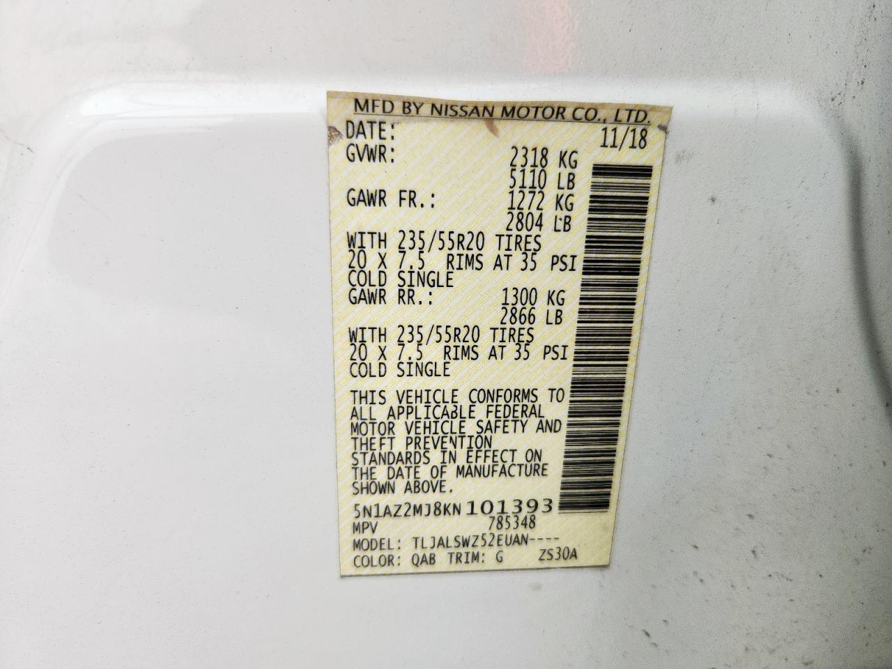 2019 Nissan Murano S VIN: 5N1AZ2MJ8KN101393 Lot: 63279895