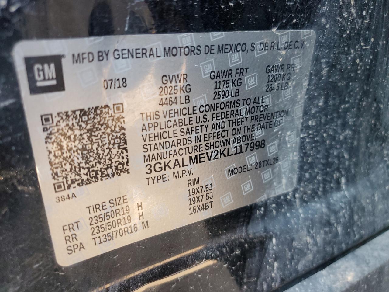2019 GMC Terrain Sle VIN: 3GKALMEV2KL117998 Lot: 62919505