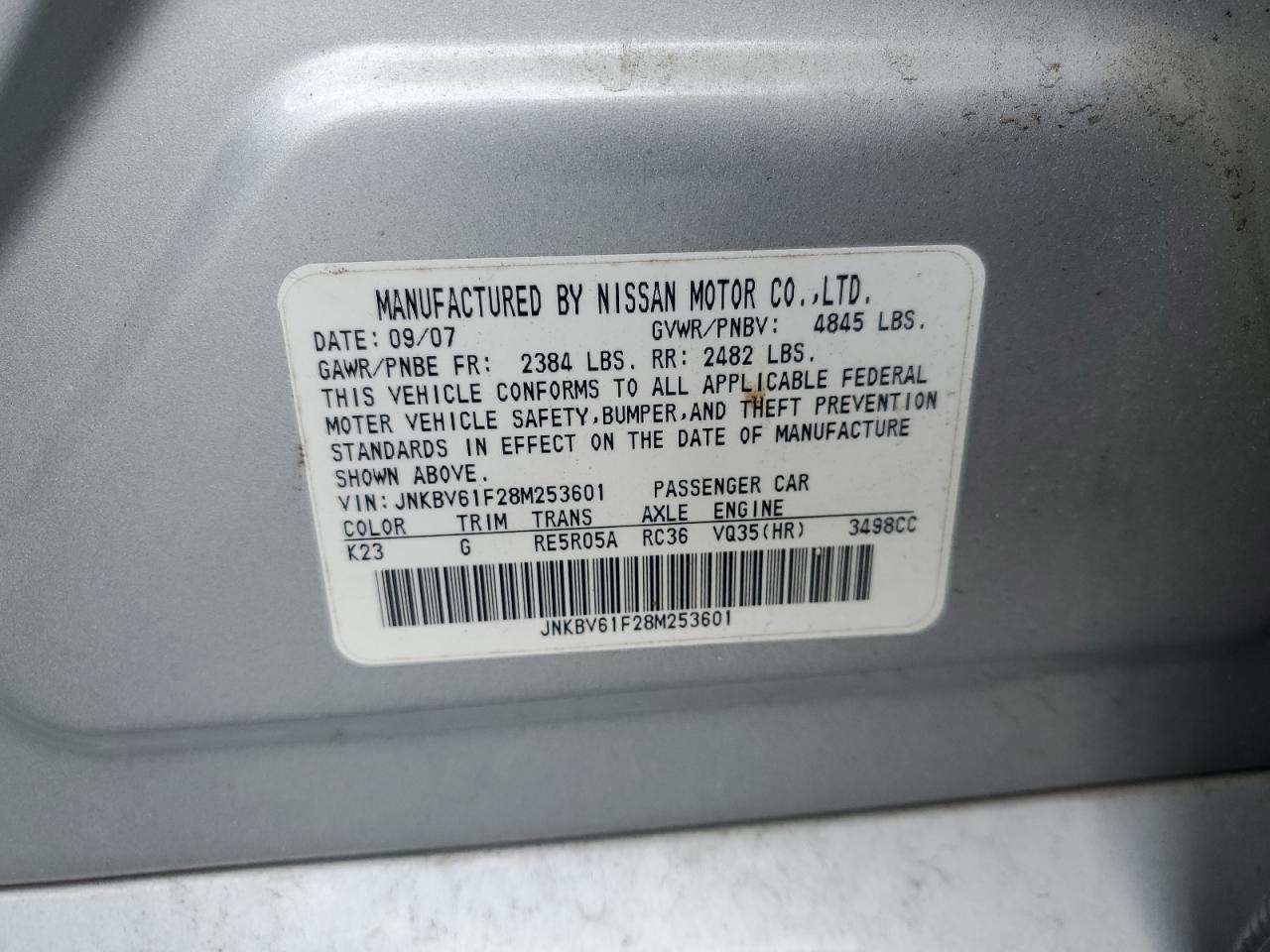 2008 Infiniti G35 VIN: JNKBV61F28M253601 Lot: 63419505