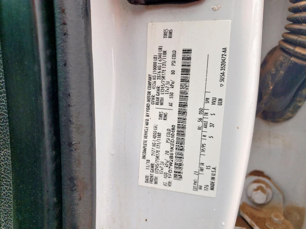 2019 Ford F250 Super Duty VIN: 1FD7W2B61KED40480 Lot: 62172935