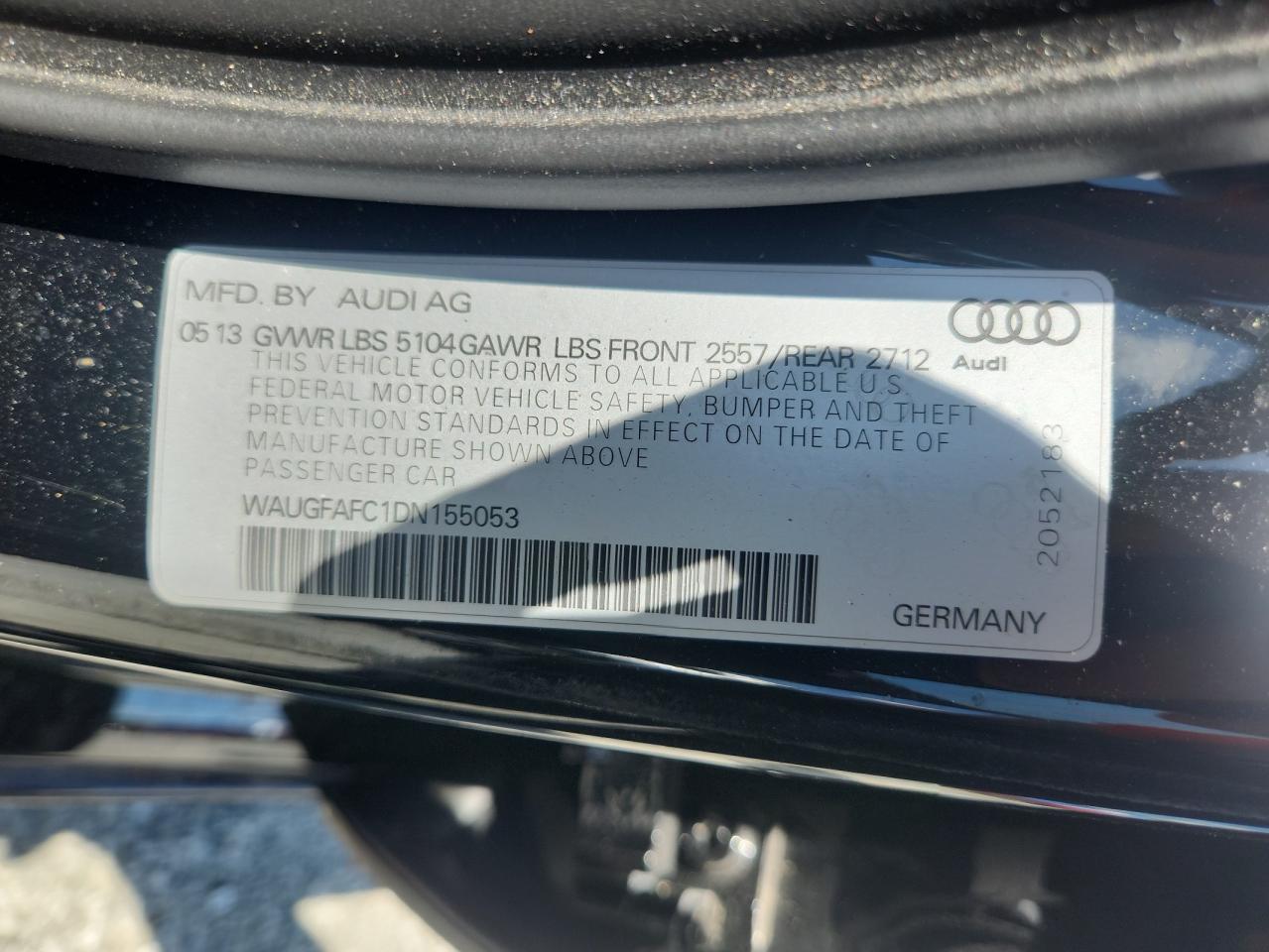 2013 Audi A6 Premium Plus VIN: WAUGFAFC1DN155053 Lot: 64356325