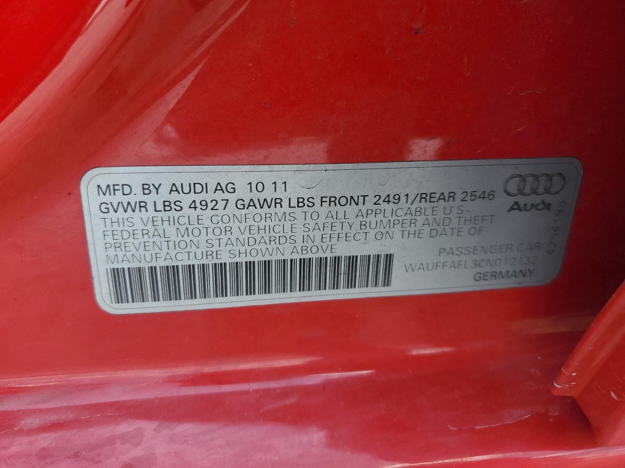 2012 Audi A4 Premium Plus VIN: WAUFFAFL3CN012132 Lot: 62810115