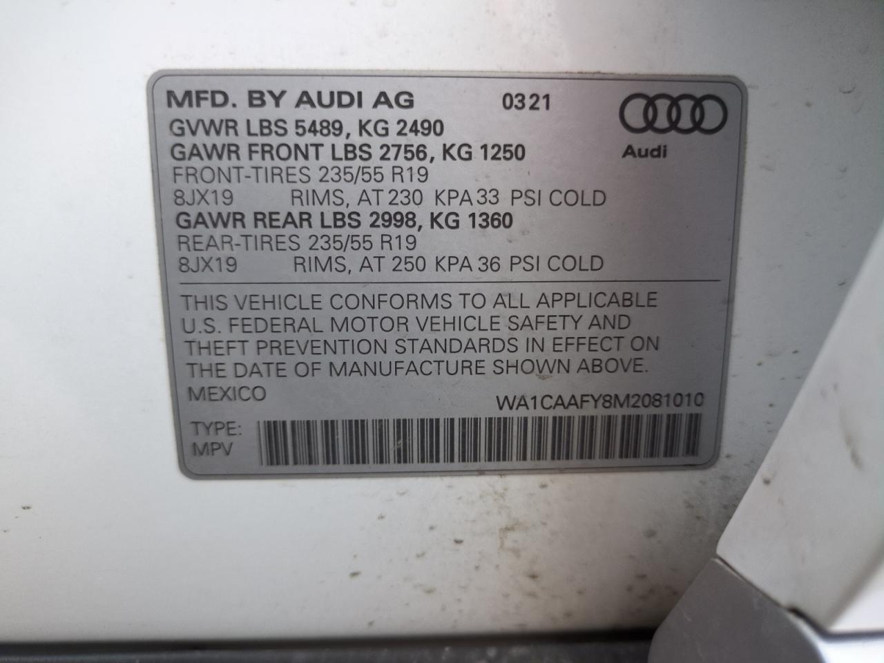 wa1caafy8m2081010 WA1CAAFY8M2081010 2021 Audi Q5 Prestige
