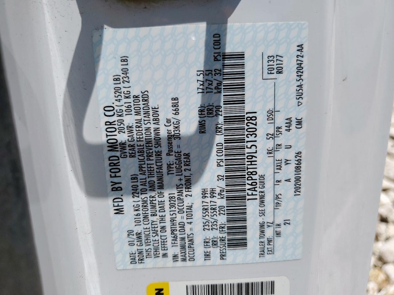 2020 Ford Mustang VIN: 1FA6P8TH9L5130281 Lot: 63022235