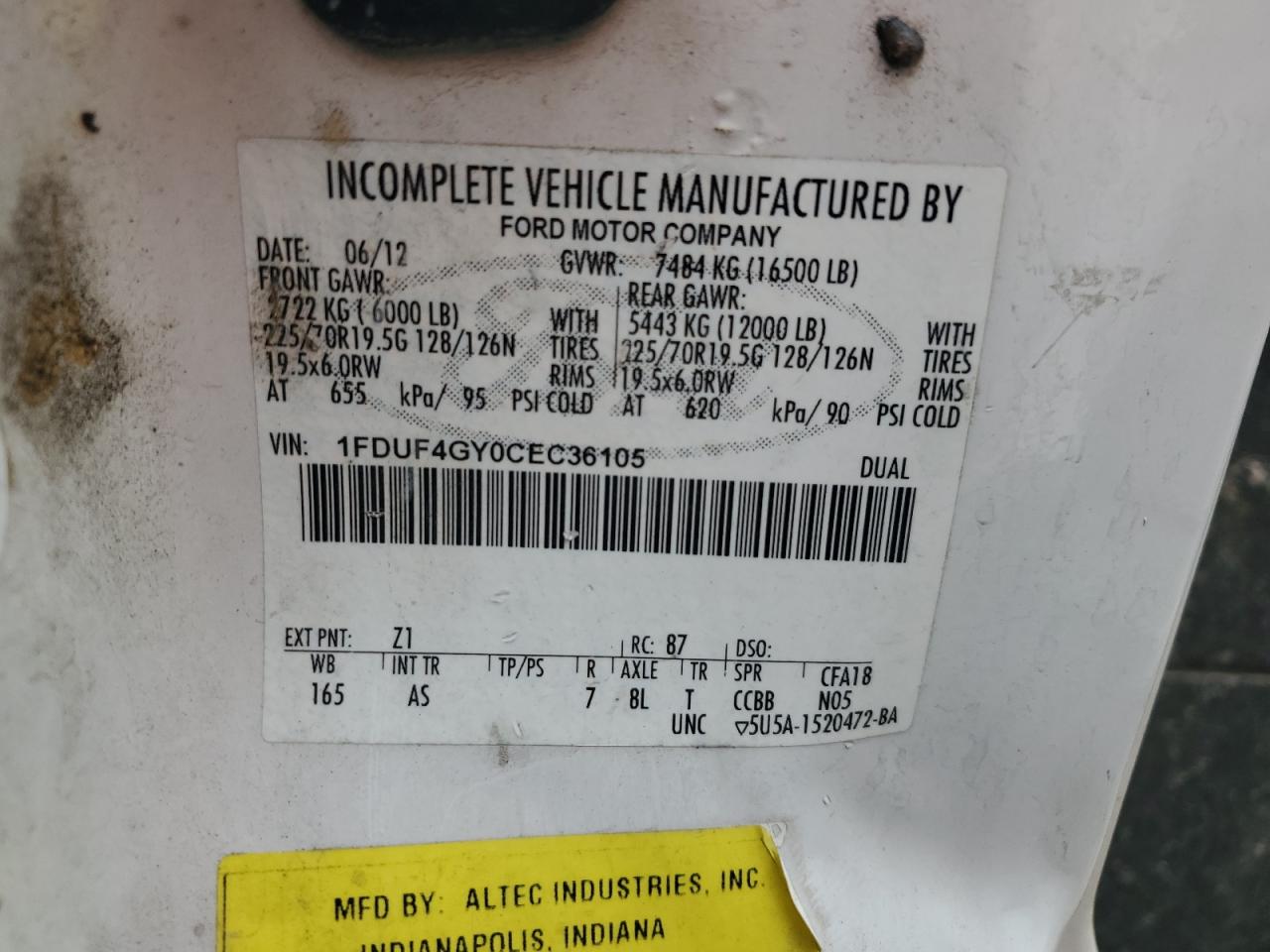 2012 Ford F450 Super Duty VIN: 1FDUF4GY0CEC36105 Lot: 64454525