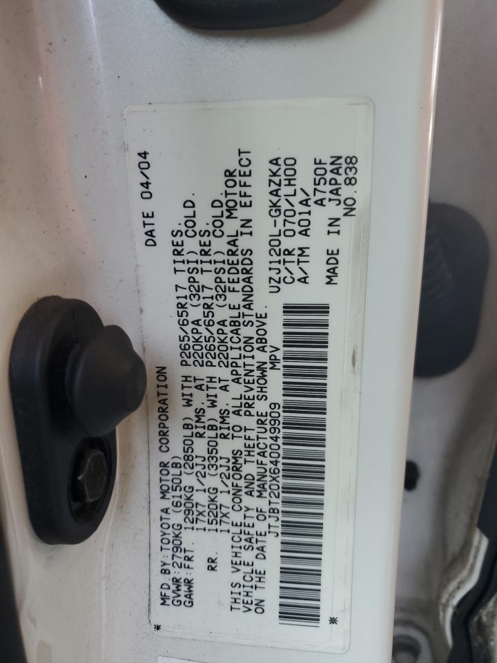 2004 Lexus Gx 470 VIN: JTJBT20X640049909 Lot: 65856885