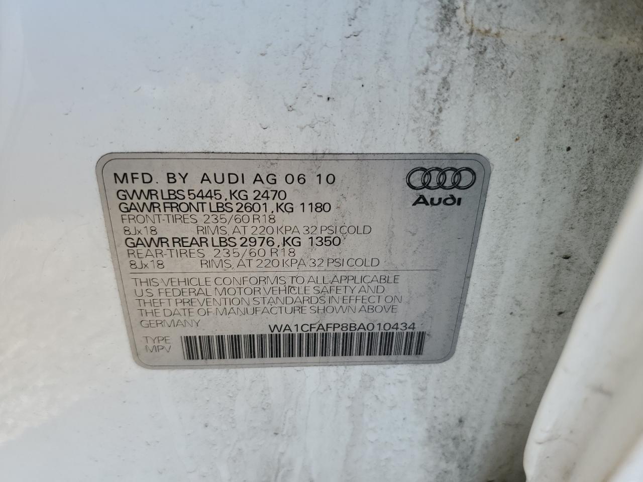 2011 Audi Q5 Premium VIN: WA1CFAFP8BA010434 Lot: 62290585