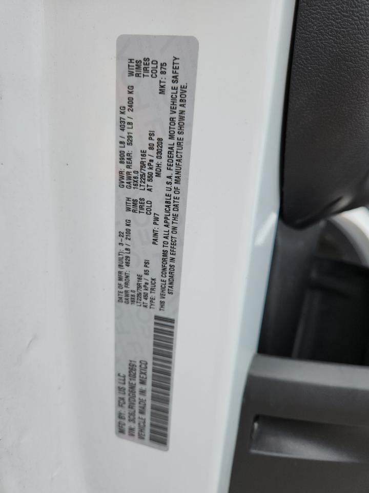 2022 Ram Promaster 2500 2500 High VIN: 3C6LRVDG6NE102691 Lot: 64640195