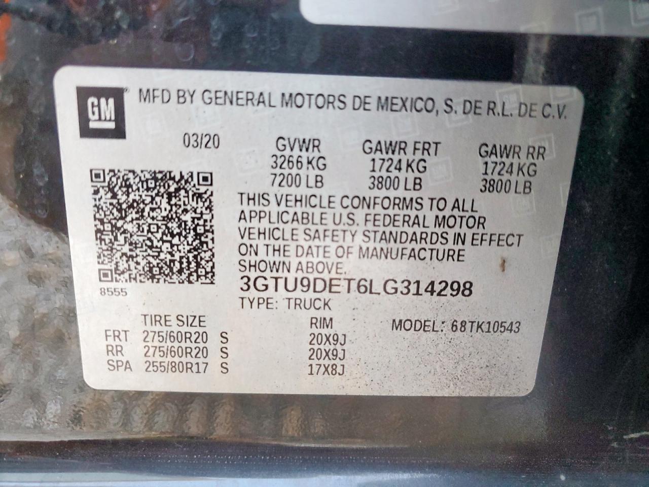 2020 GMC Sierra K1500 Slt VIN: 3GTU9DET6LG314298 Lot: 64956455