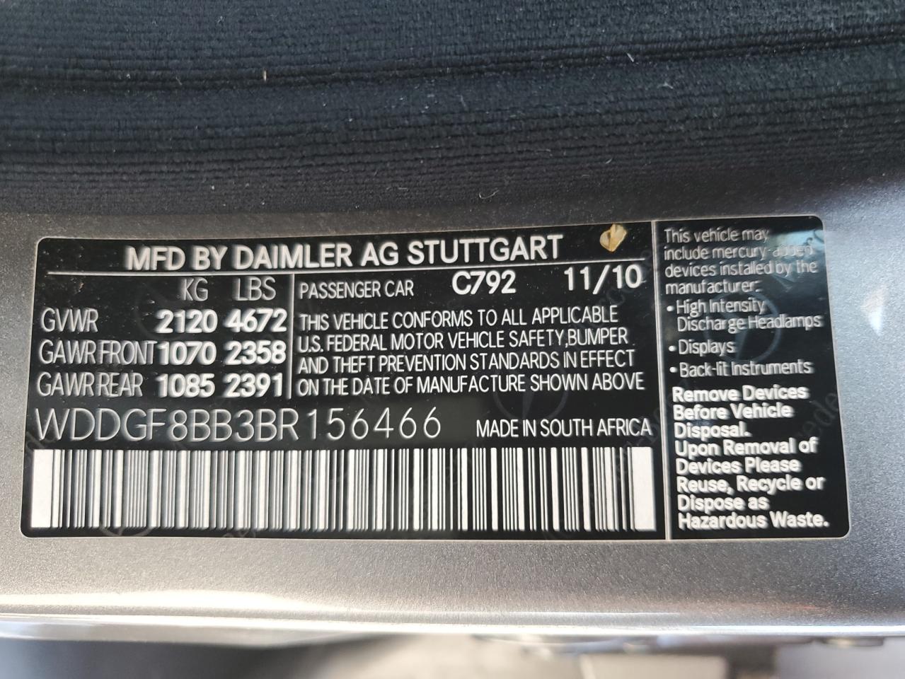 2011 Mercedes-Benz C 300 4Matic VIN: WDDGF8BB3BR156466 Lot: 64196835