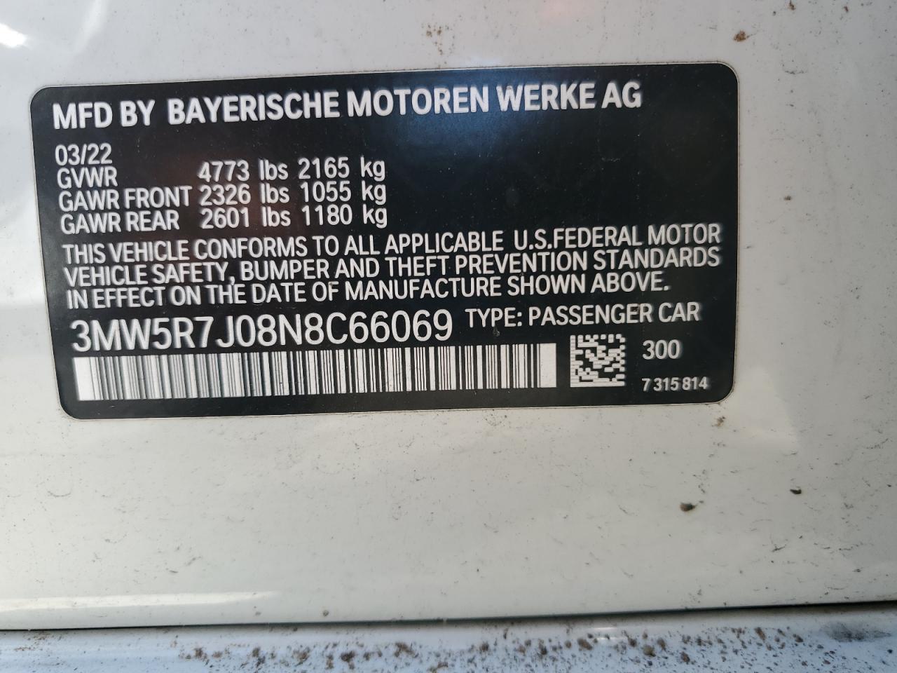 2022 BMW 330Xi VIN: 3MW5R7J08N8C66069 Lot: 65353475