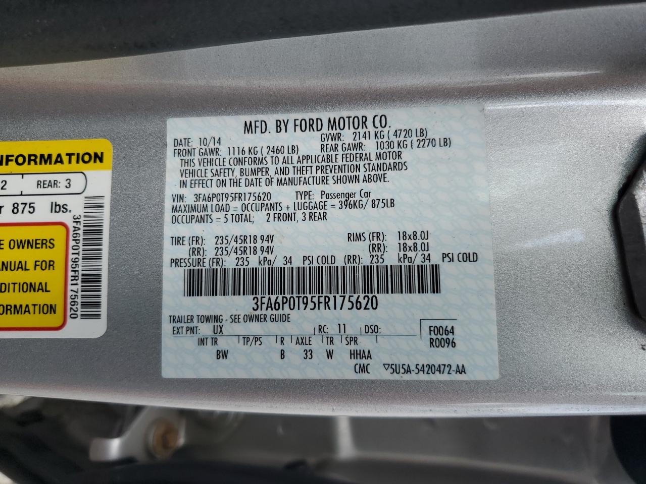 2015 Ford Fusion Se VIN: 3FA6P0T95FR175620 Lot: 64236885