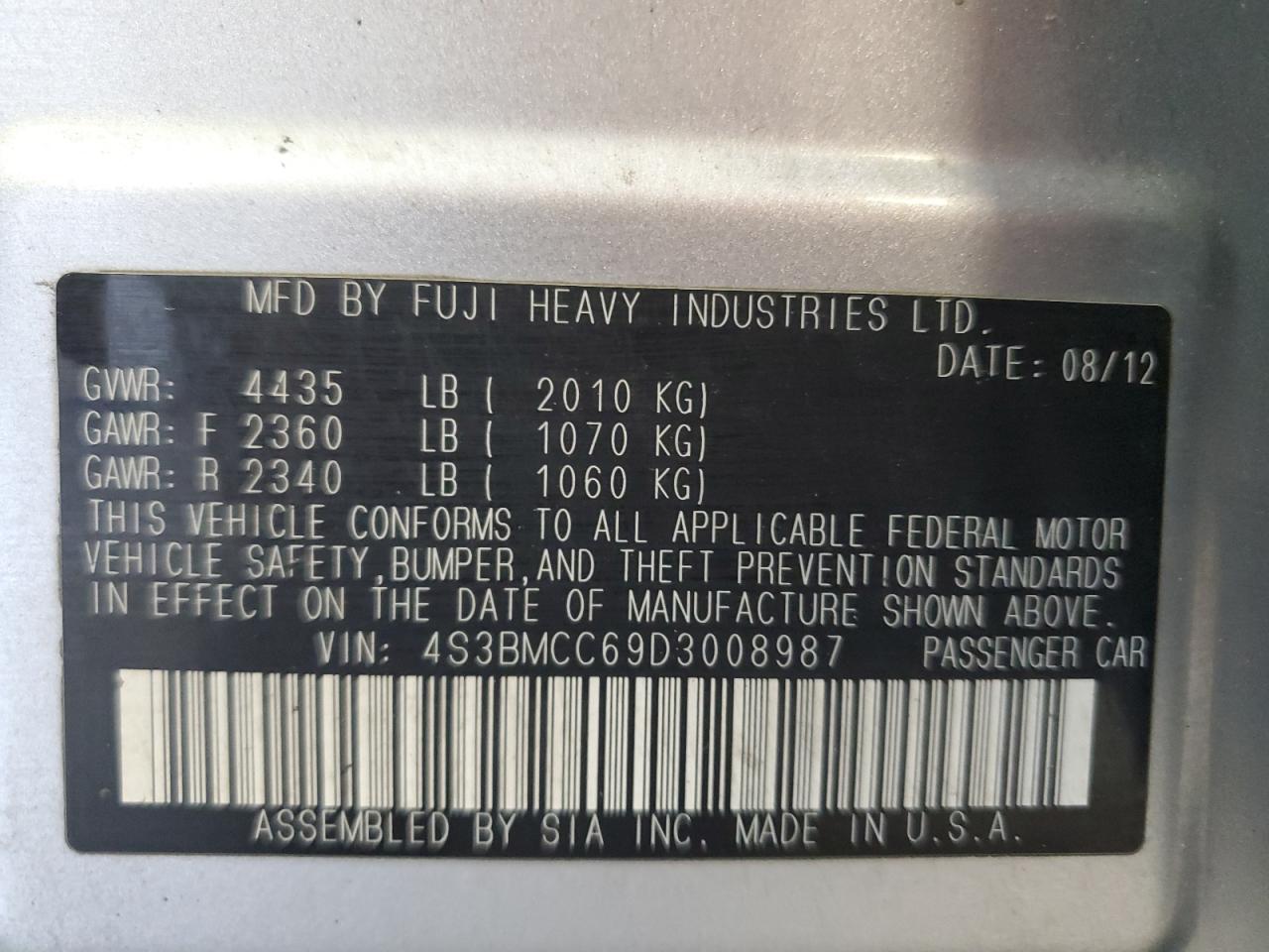 2013 Subaru Legacy 2.5I Premium VIN: 4S3BMCC69D3008987 Lot: 65811515