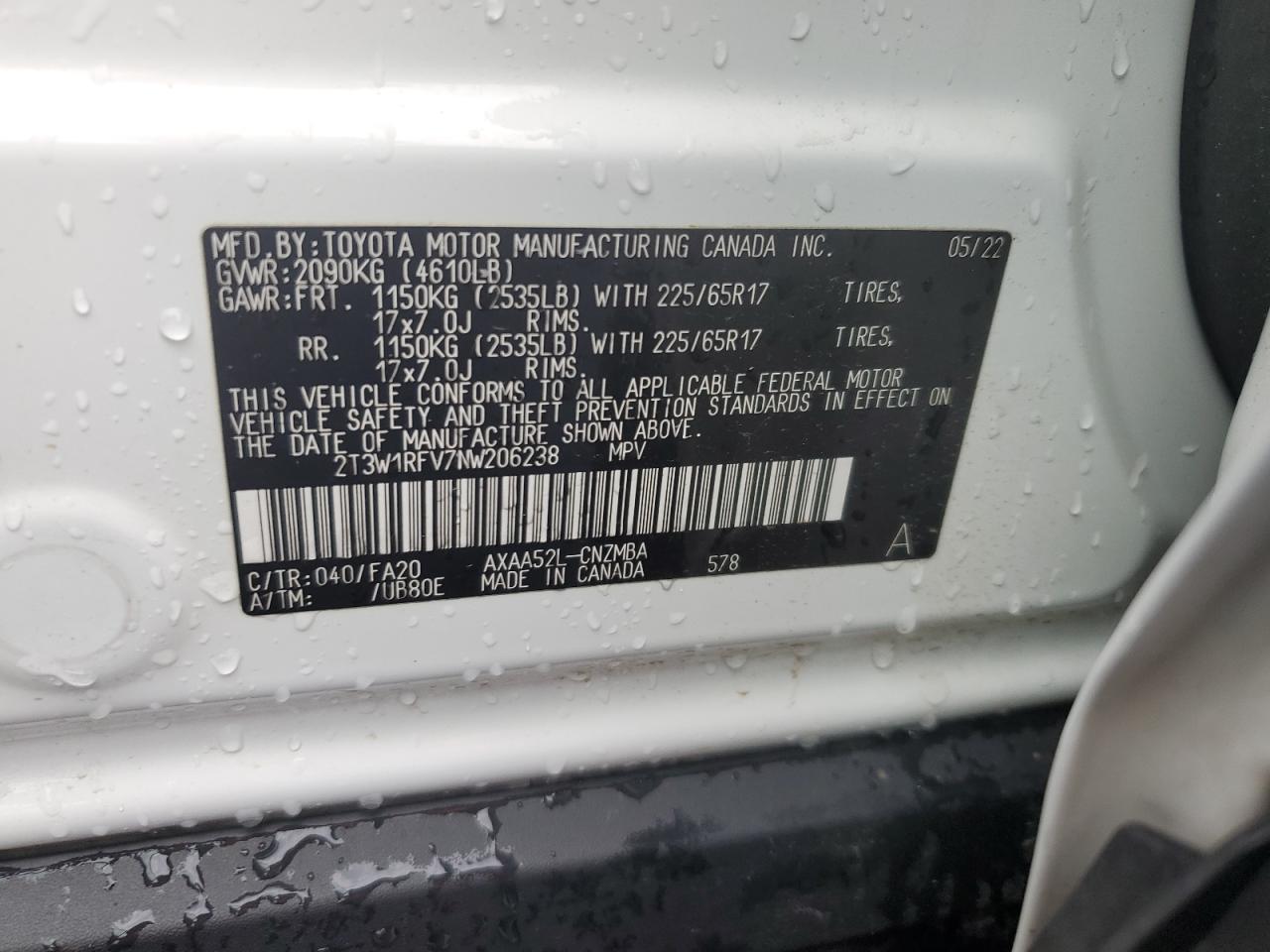 2022 Toyota Rav4 Xle VIN: 2T3W1RFV7NW206238 Lot: 65015105