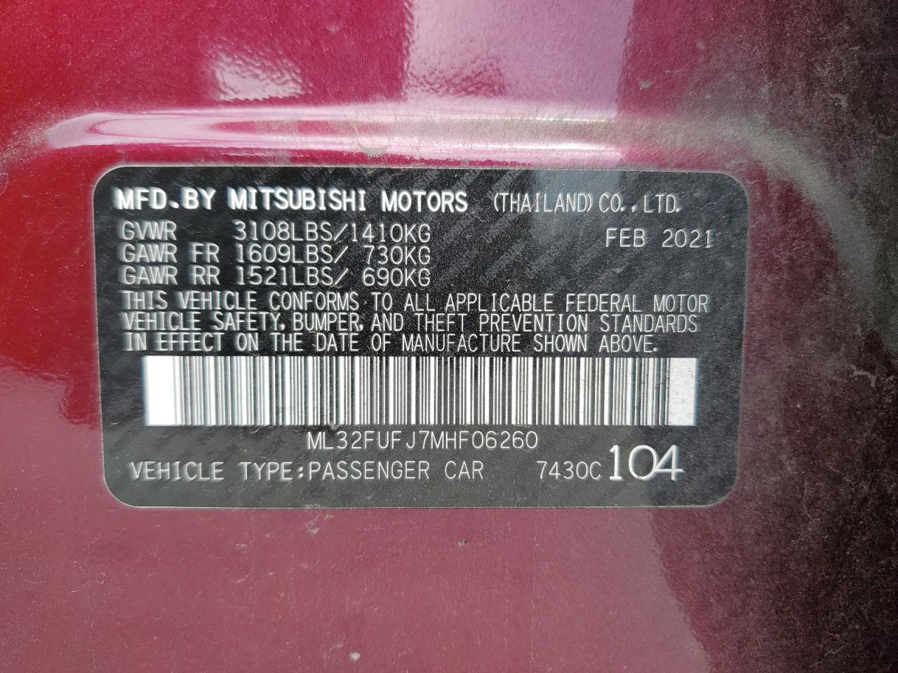 2021 Mitsubishi Mirage G4 Es VIN: ML32FUFJ7MHF06260 Lot: 64354655