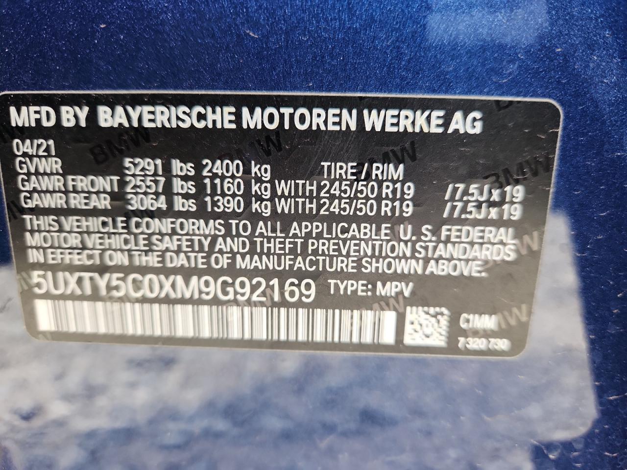 2021 BMW X3 xDrive30I VIN: 5UXTY5C0XM9G92169 Lot: 65152255
