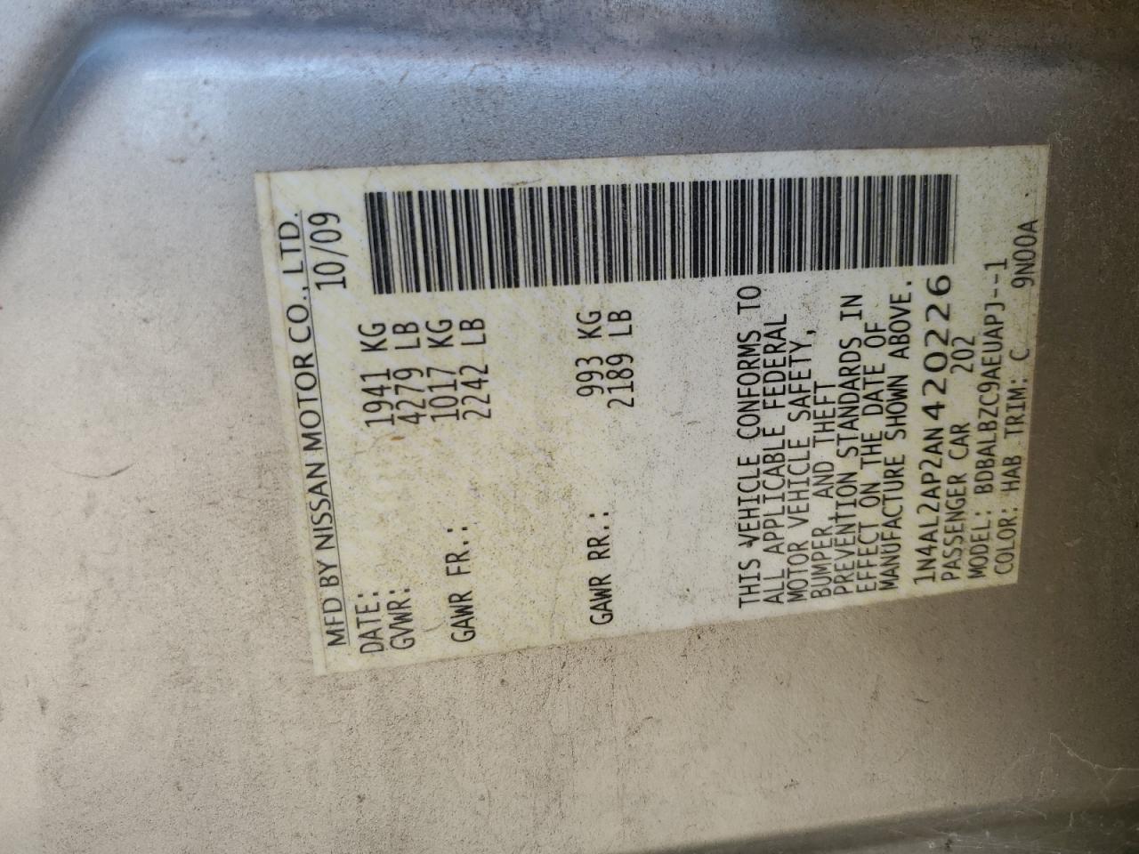 2010 Nissan Altima Base VIN: 1N4AL2AP2AN420226 Lot: 63313785