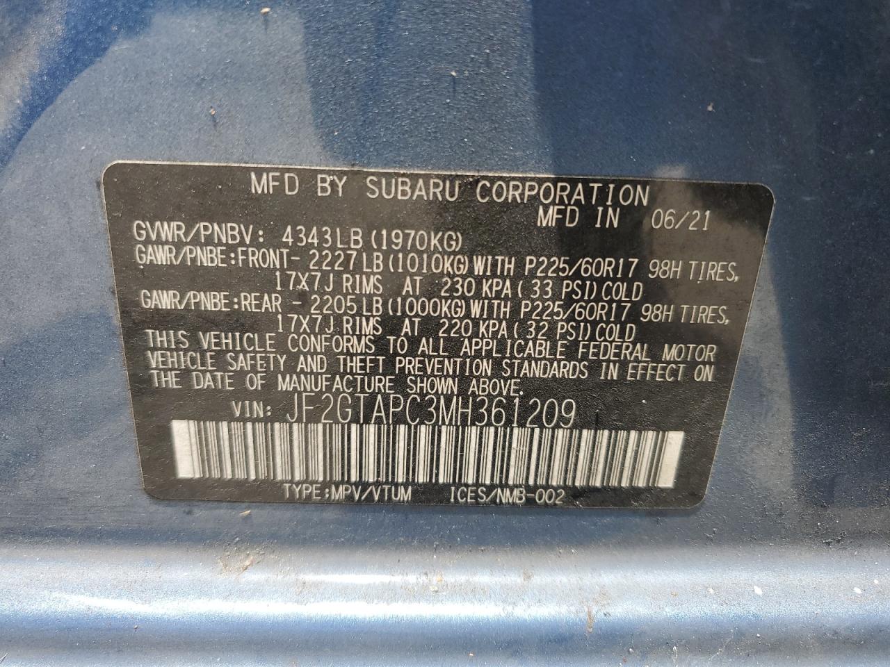 2021 Subaru Crosstrek Premium VIN: JF2GTAPC3MH361209 Lot: 64228025