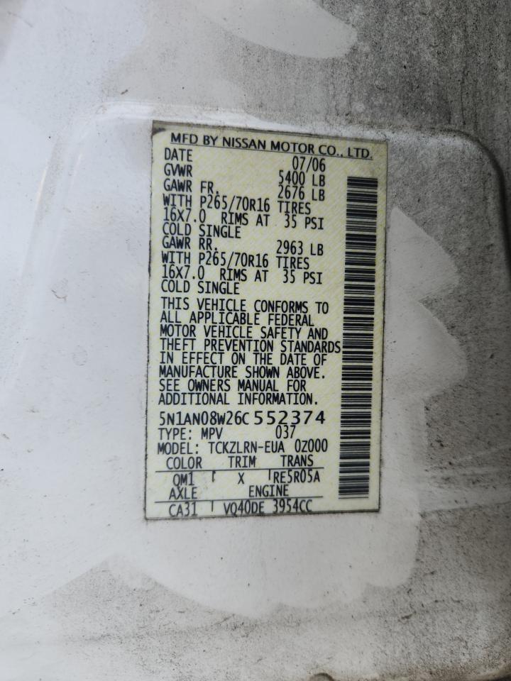 2006 Nissan Xterra Off Road VIN: 5N1AN08W26C552374 Lot: 64721725