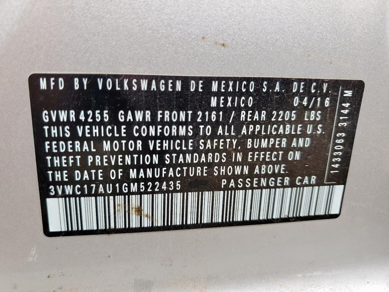2016 Volkswagen Golf Sportwagen S VIN: 3VWC17AU1GM522435 Lot: 63443745
