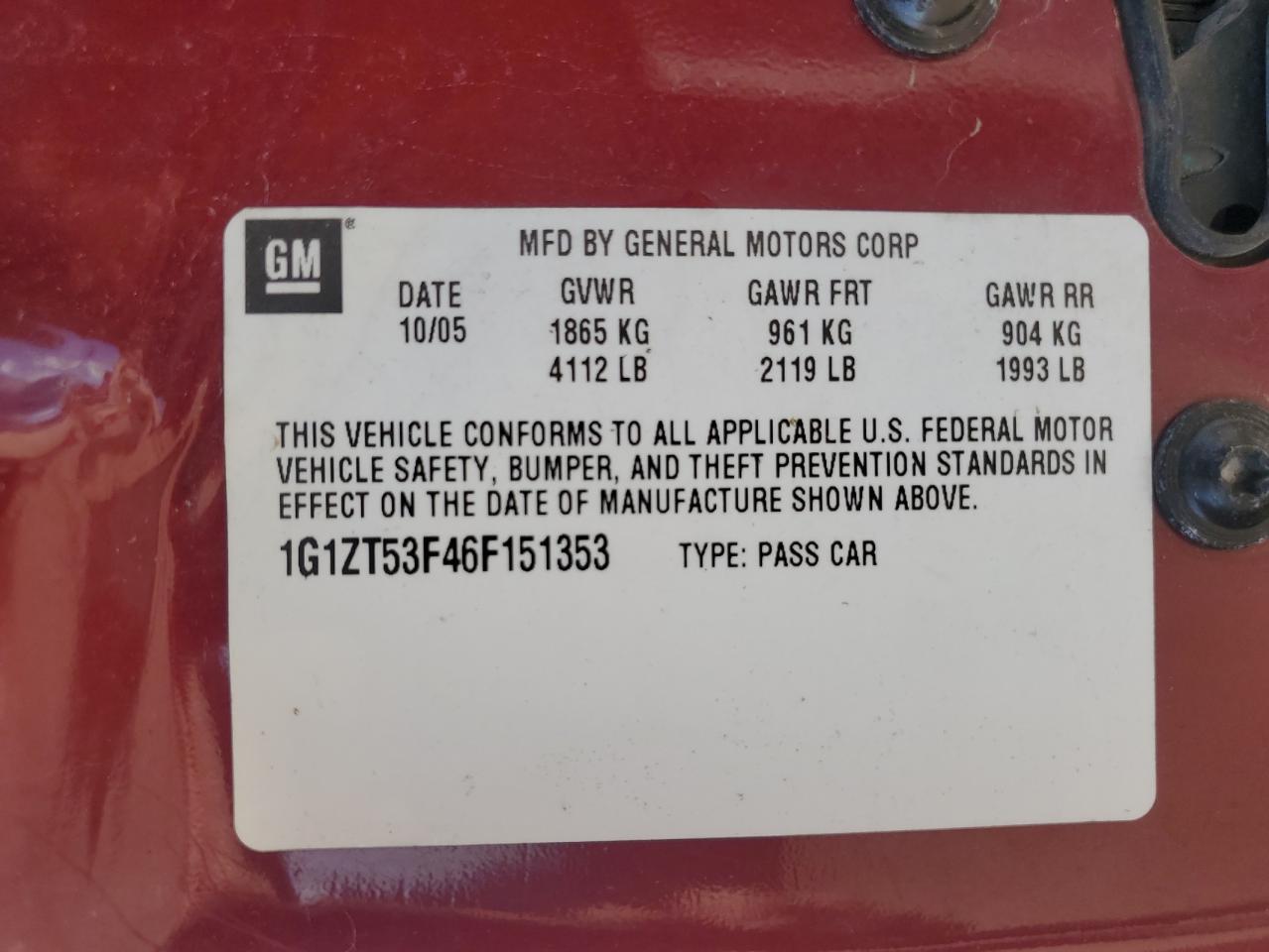 2006 Chevrolet Malibu Lt VIN: 1G1ZT53F46F151353 Lot: 62526725